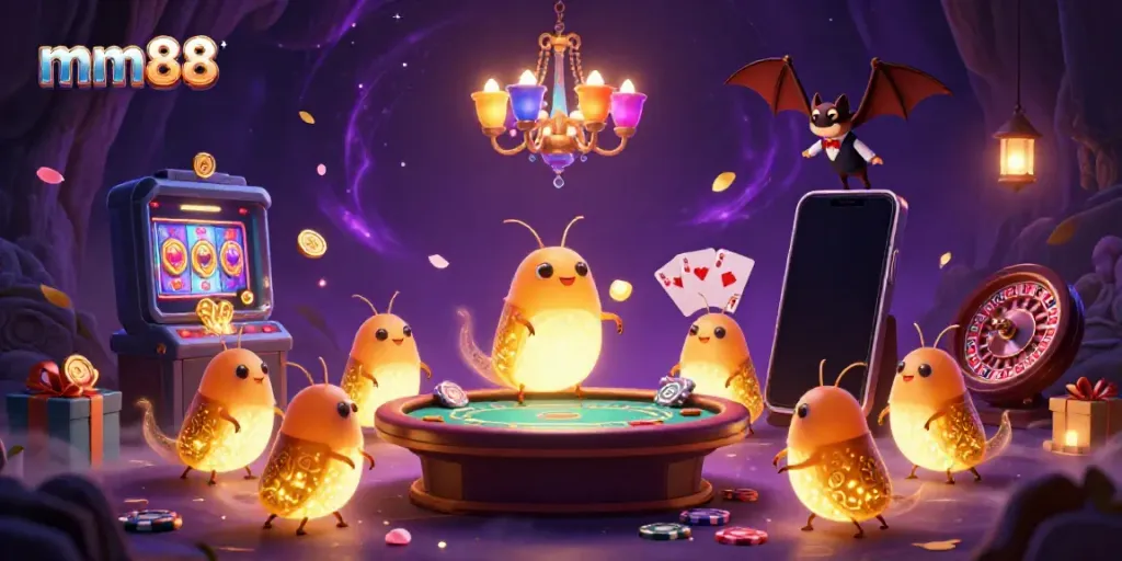 Experience mm88's vibrant casino scene with glowworms lighting the action and immersive game elements.
