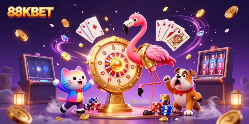 Experience the excitement of 88KBET in a vibrant 3D casino illustration with game elements.