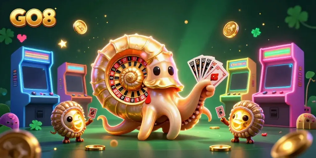 Engage with GO8's vibrant casino scene showcasing a giant nautilus as a roulette wheel.