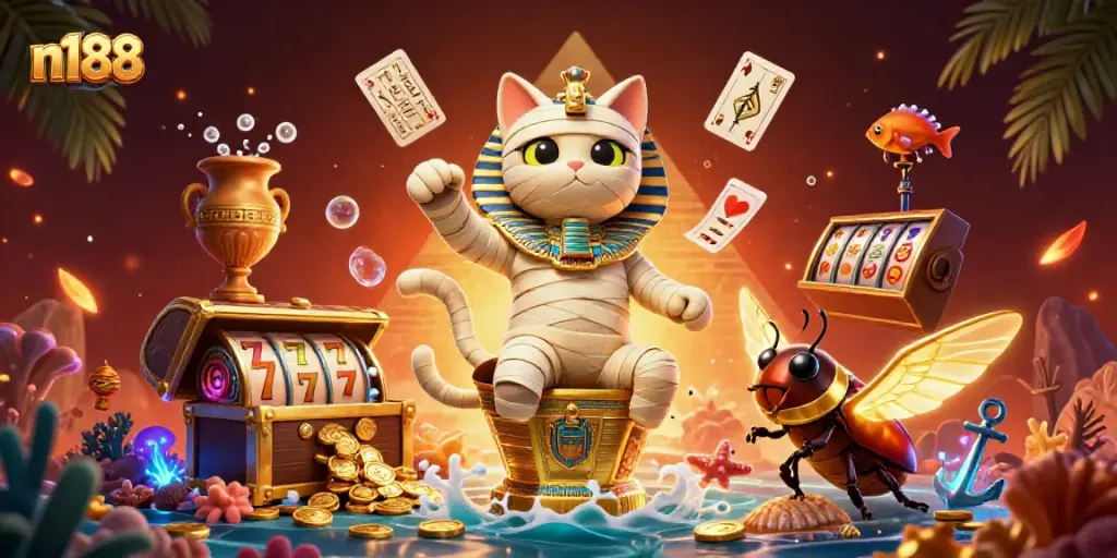 Experience the thrilling casino vibes with n188's mummy cat and golden sarcophagus scene.