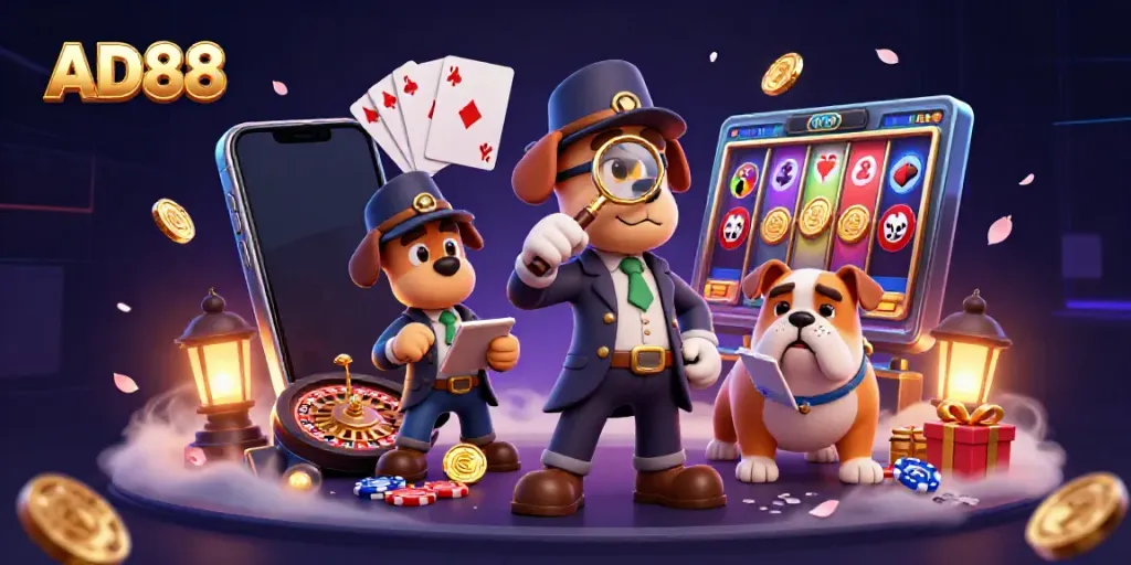 AD88 interactive casino scene showcasing a cartoon bloodhound detective solving a puzzle amid vibrant gaming elements.