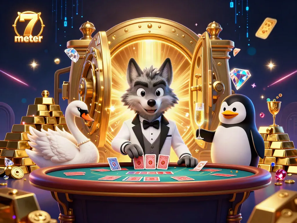 Experience the excitement of 7 meter gaming with a dynamic casino scene featuring iconic characters and extravagant elements.