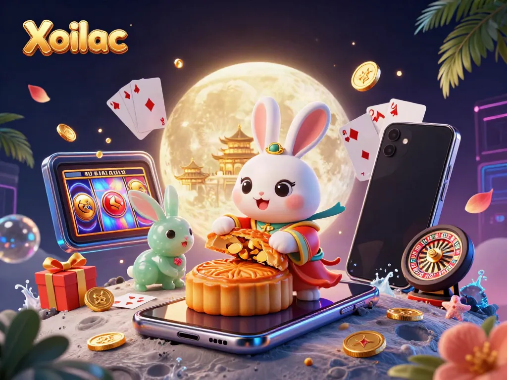 Xoilac moon rabbit celebrates with poker chips and slot games in a vibrant 3D casino scene.