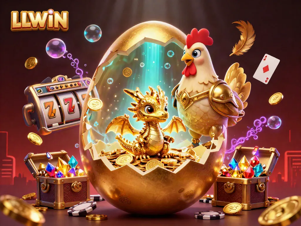 LLWIN showcases a magical scene with golden dragon and poker chips, symbolizing winning opportunities.