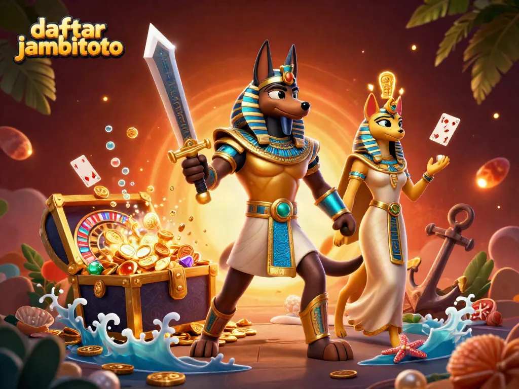 Explore thrilling gaming at daftar jambitoto featuring a mystical Anubis and Bastet in a vibrant casino setting.