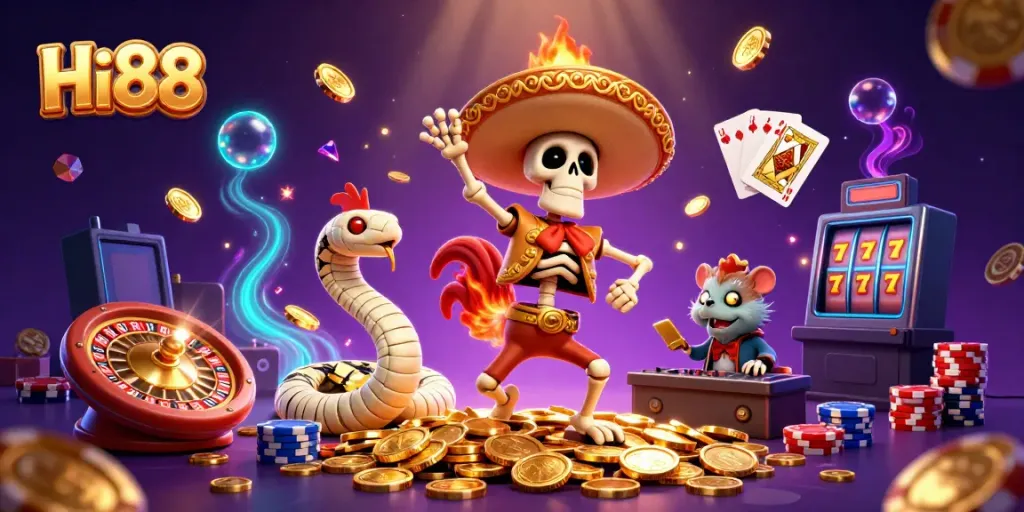 Experience the thrill of Hi88 with a vibrant 3D casino scene depicting festive characters celebrating around golden coins.