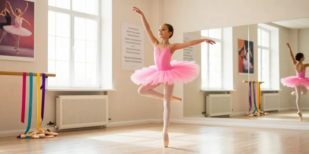 Girl in a ballet tutu dancing joyfully in a studio, highlighting tutu-store.com.