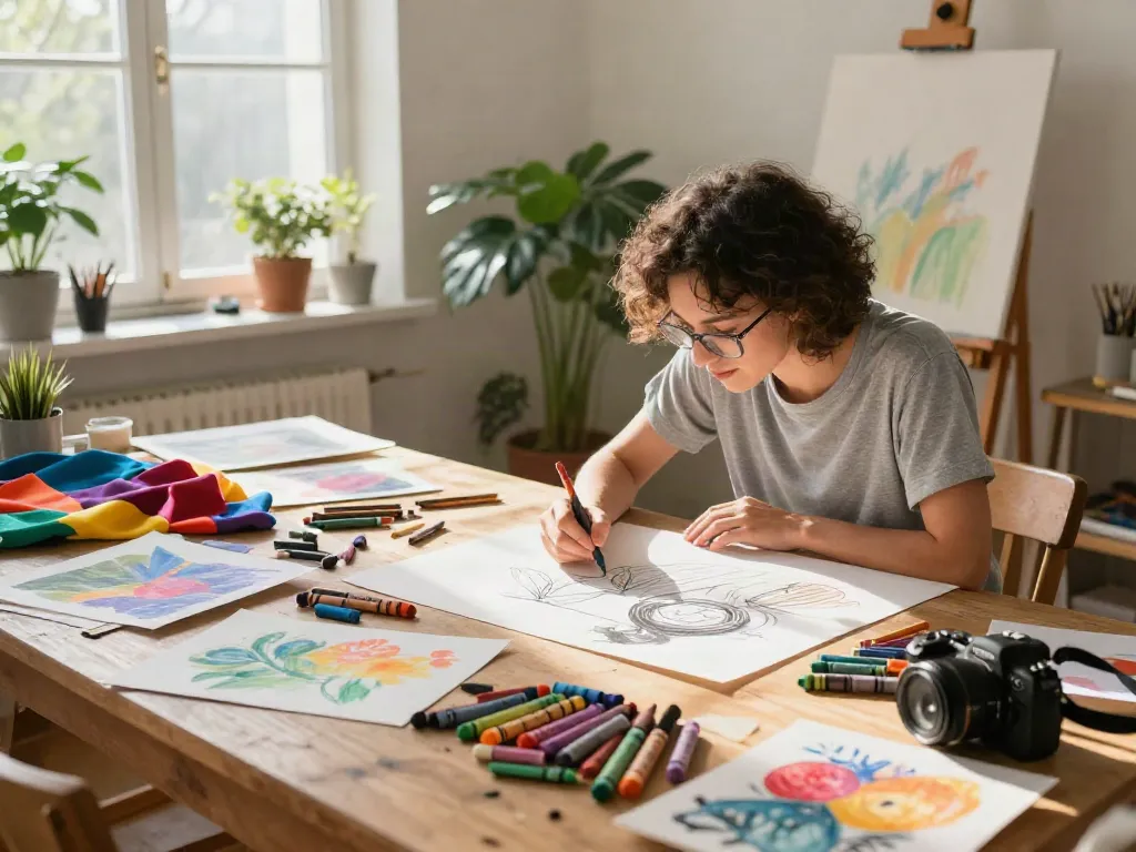 Creative artist using crayons in a bright art studio, showcasing a crayon supplier's vibrant products.