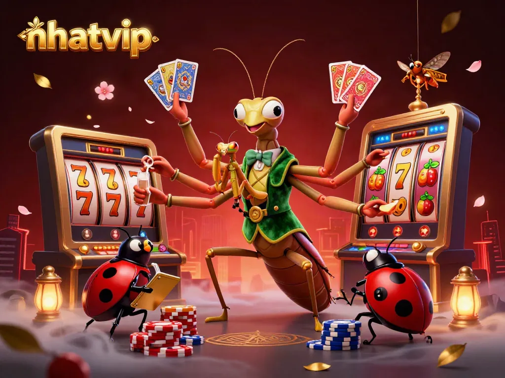 Nhatvip players enjoying a lively casino atmosphere featuring vibrant slot games and dynamic characters.