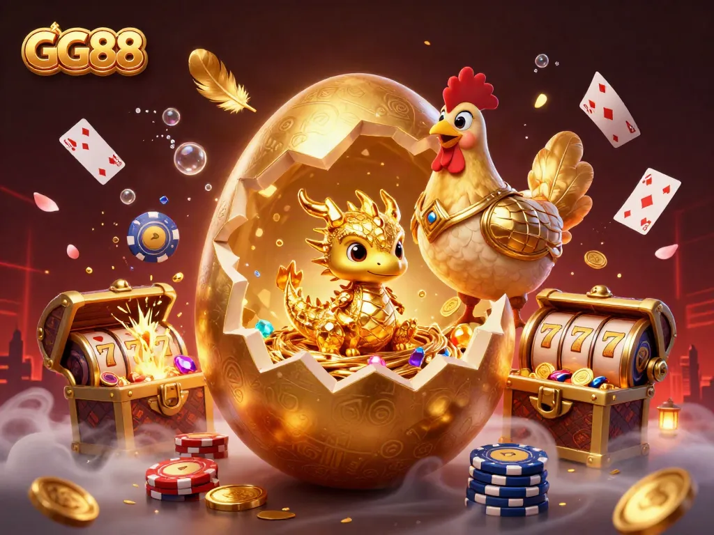 GG88 showcases a vibrant scene of a golden egg and dragon amidst casino elements, symbolizing luck and excitement.