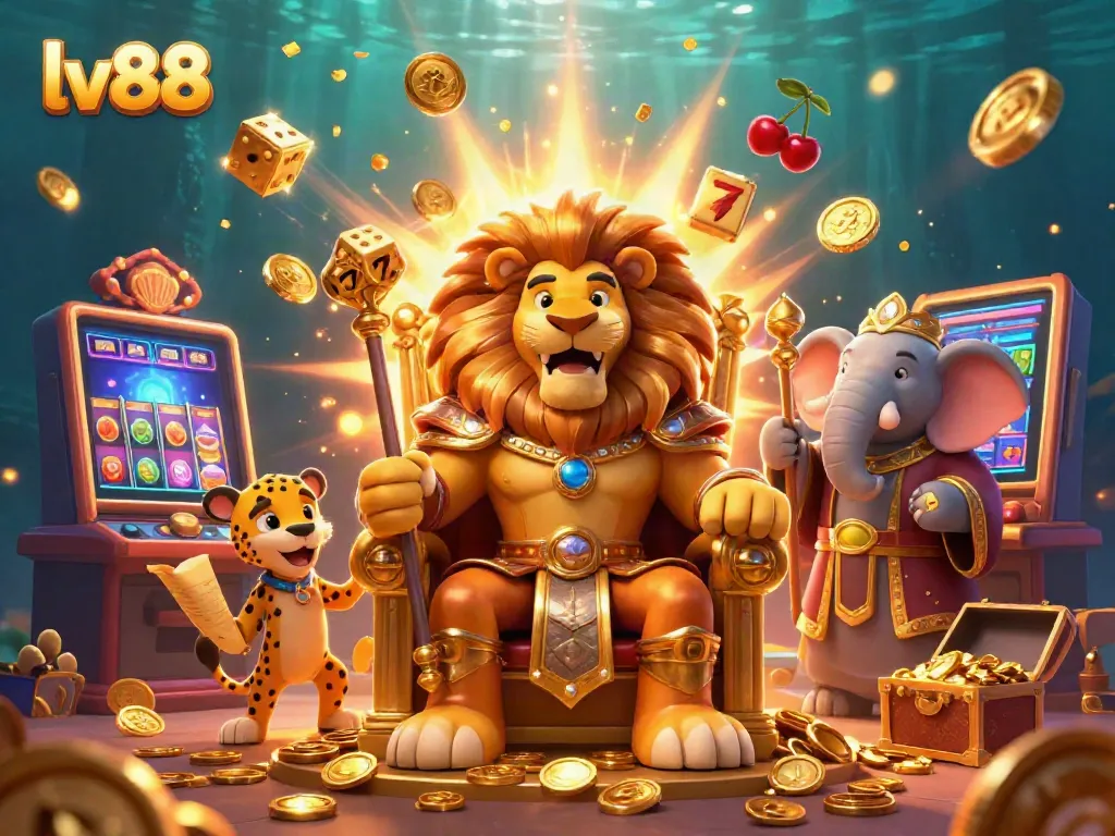 Engage in the thrilling world of lv88 with an epic casino scene showcasing a lion king, wise advisor, and rapid messenger among a jackpot explosion.