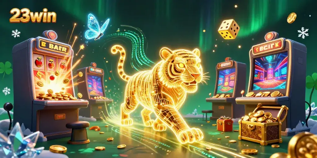 Experience excitement with 23win's vibrant casino landscape featuring a golden tiger and jackpot action.
