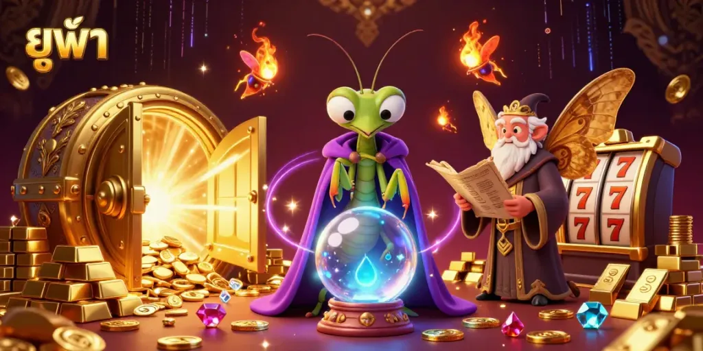 Experience the excitement of ยูฟ่า as a fortune teller and librarian explore a vibrant casino scene filled with treasures.