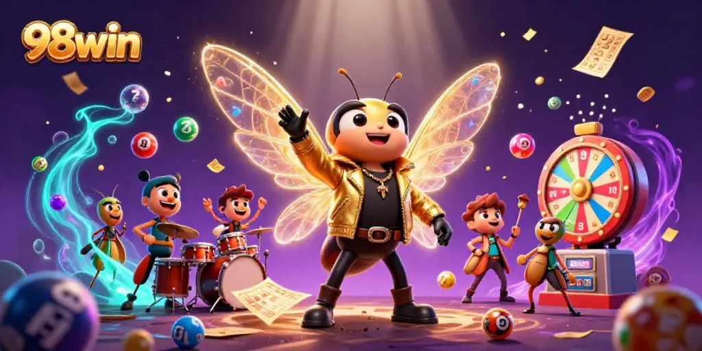 Experience thrilling gameplay with 98win's vibrant lottery scene featuring dynamic games and animated characters.