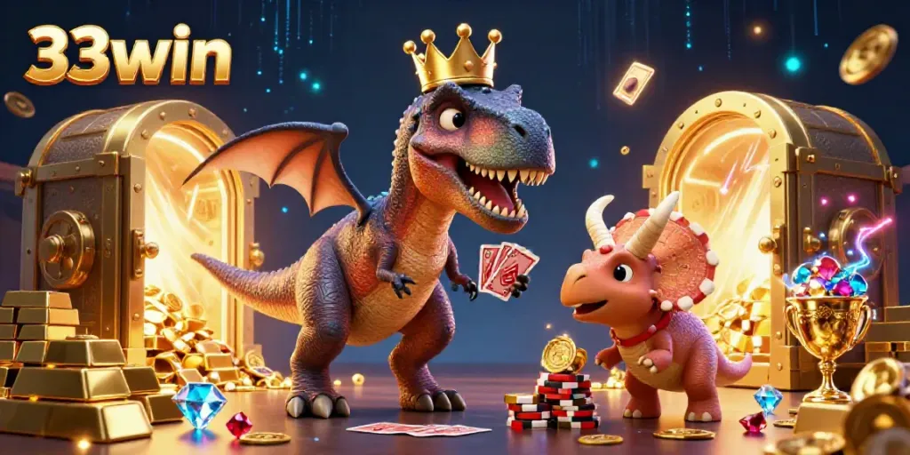 Experience the thrilling 33win adventure with a T-Rex and friends in a vibrant casino setting.