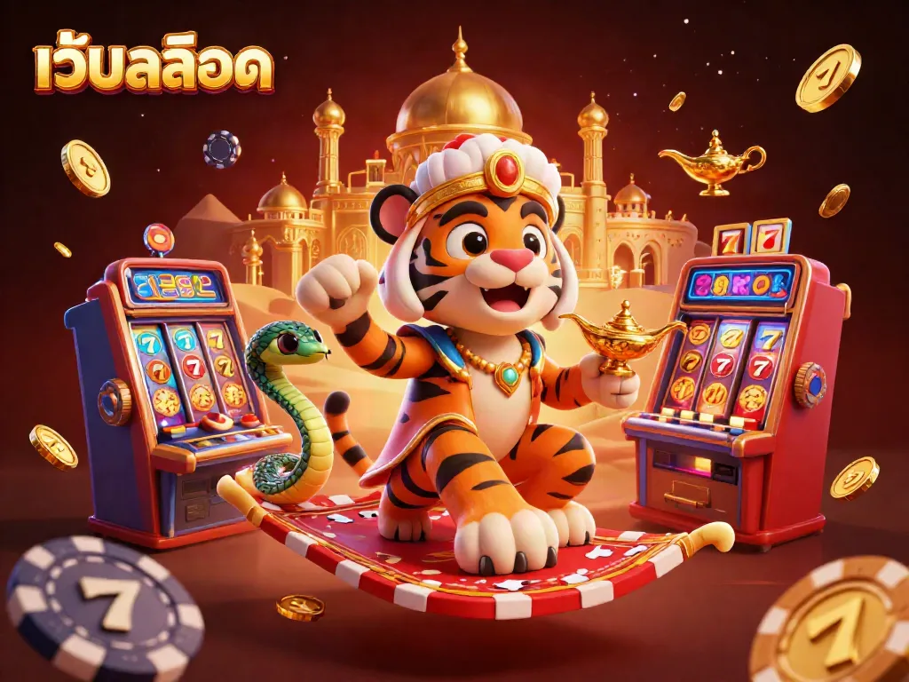 ภาพการ์ตูน 3D ของเว็ปสล็อต ที่มีตัวละครเสือซูลตันและเครื่องสล็อตในสภาพแวดล้อมคาสิโน
