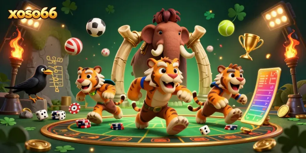Experience thrilling gaming with xoso66 in a vibrant prehistoric casino illustration filled with dynamic elements.
