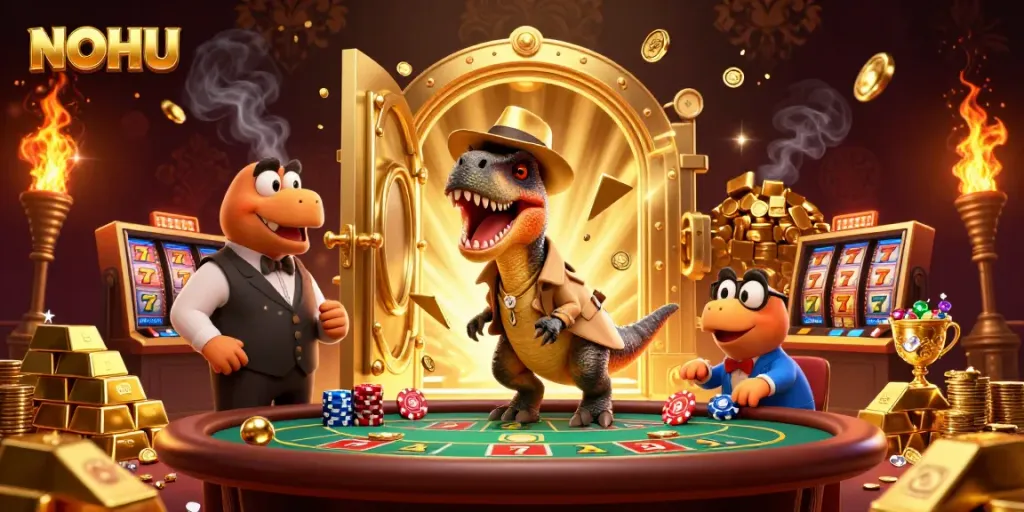 Experience thrilling gameplay at NOHU with a captivating cartoon scene of a velociraptor card counter and pit boss.
