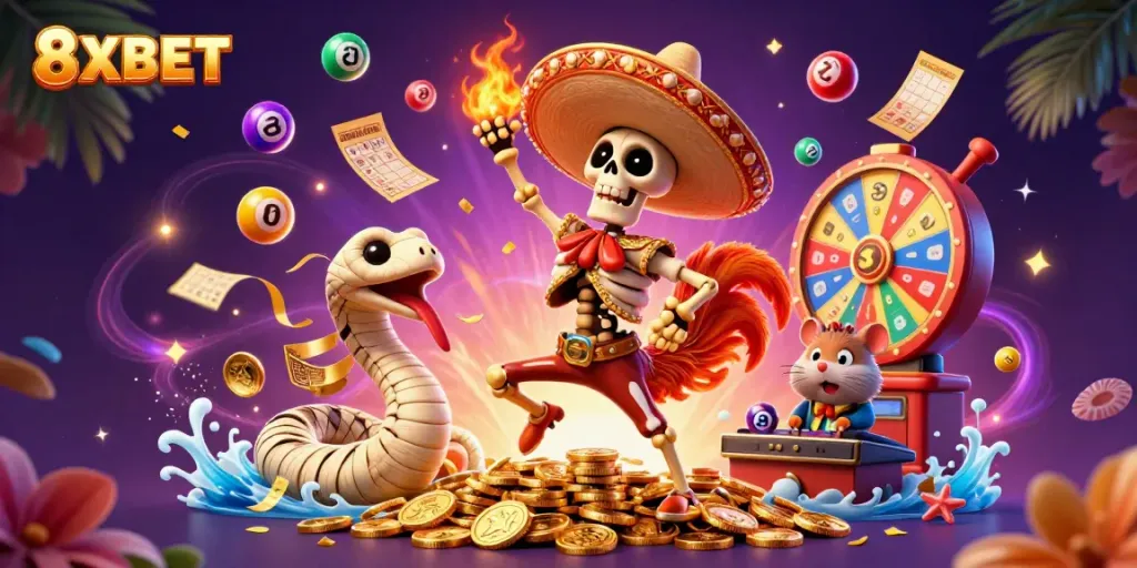 Experience the thrilling action of 8XBET with cartoon characters celebrating on golden coins amid lottery elements.