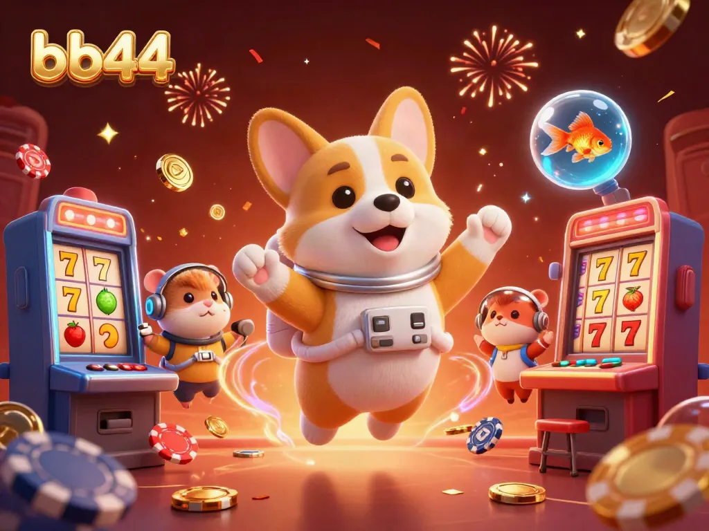 Experience a vibrant casino scene with the bb44 corgi, floating poker chips, and slot machines.