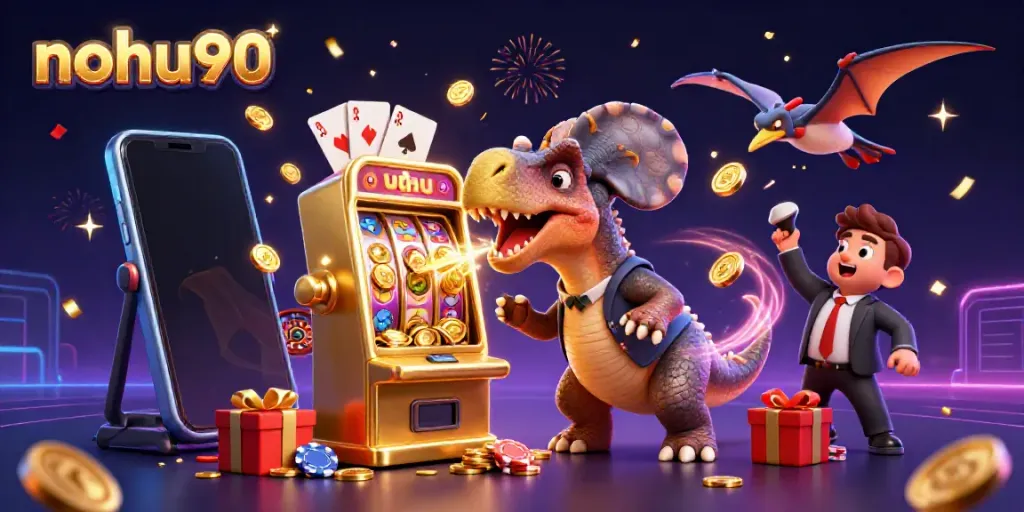 Nohu90 casino illustration with animated dinosaurs celebrating a jackpot win