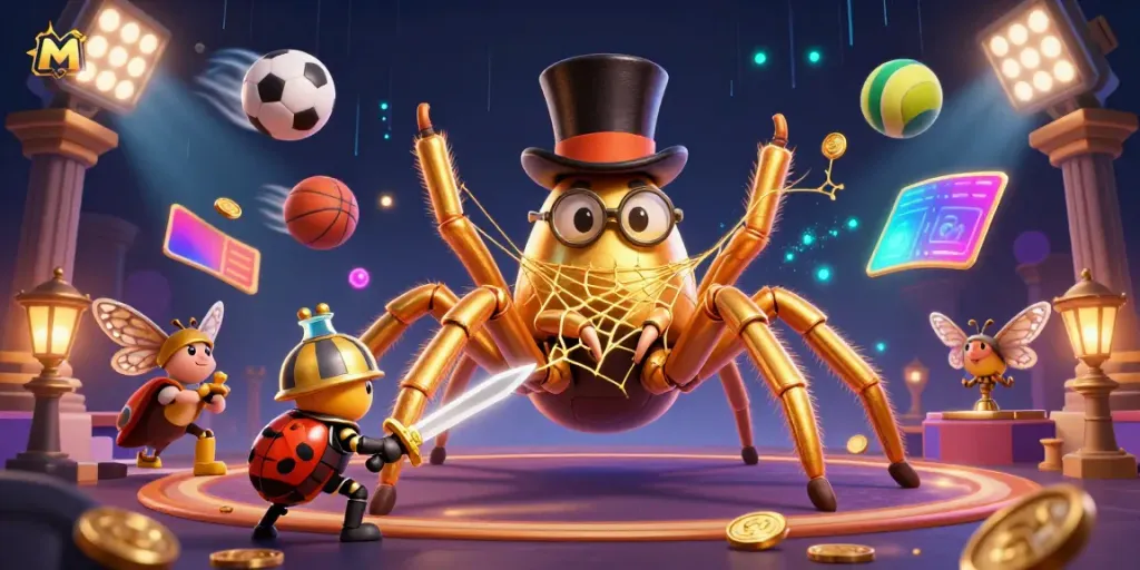 M153 showcases a golden tarantula weaving a web between casino pillars with sports elements floating around.