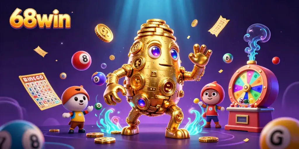 Experience the excitement of 68win with vibrant casino elements and golden golem characters dynamically interacting.