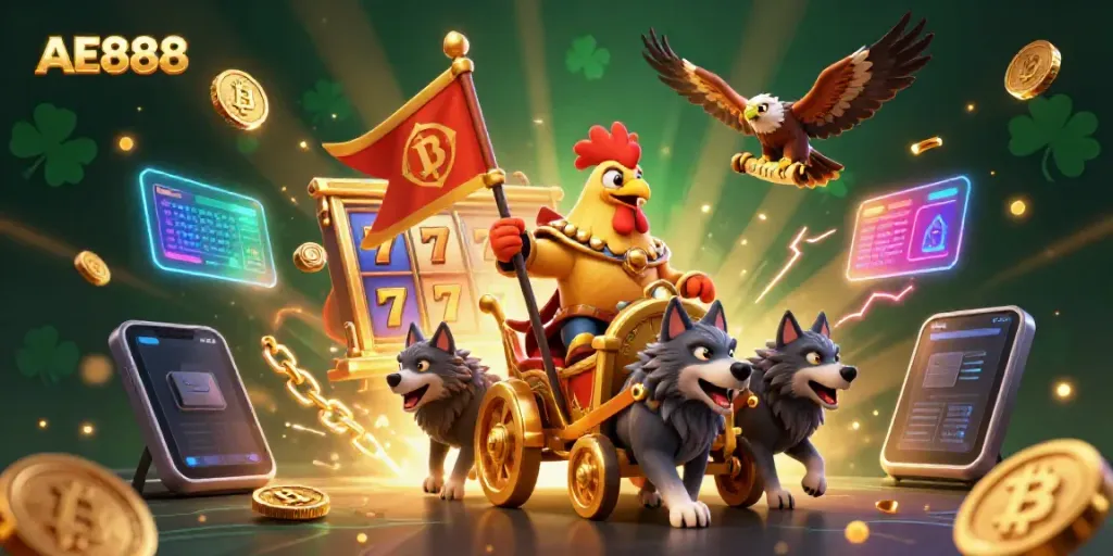 Engage with the AE888 casino scene featuring a dynamic rooster warlord and vibrant slot elements.