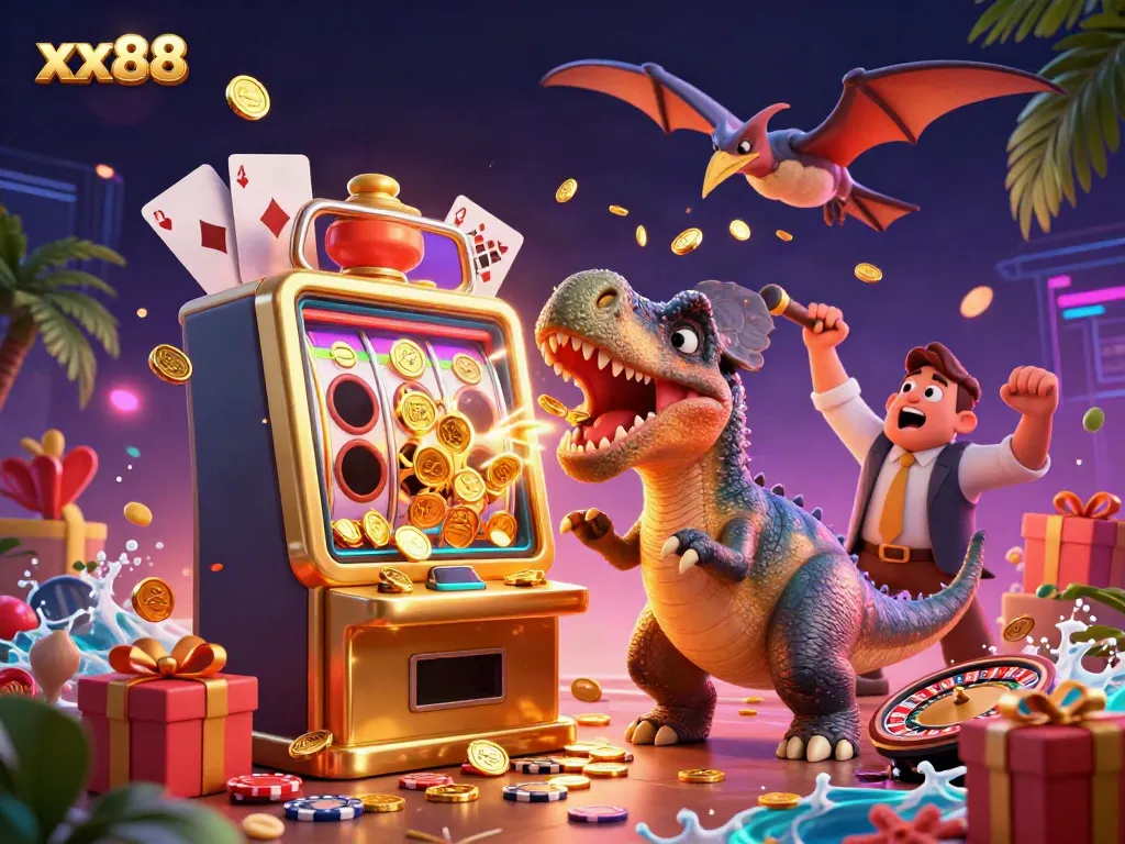 Experience the thrill of xx88 with a pachycephalosaurus triggering a jackpot, surrounded by colorful casino elements.