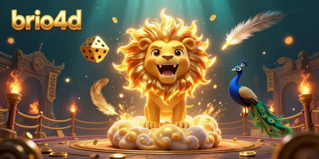 Experience the excitement of brio4d with golden dice and a sun lion surrounded by betting tokens.