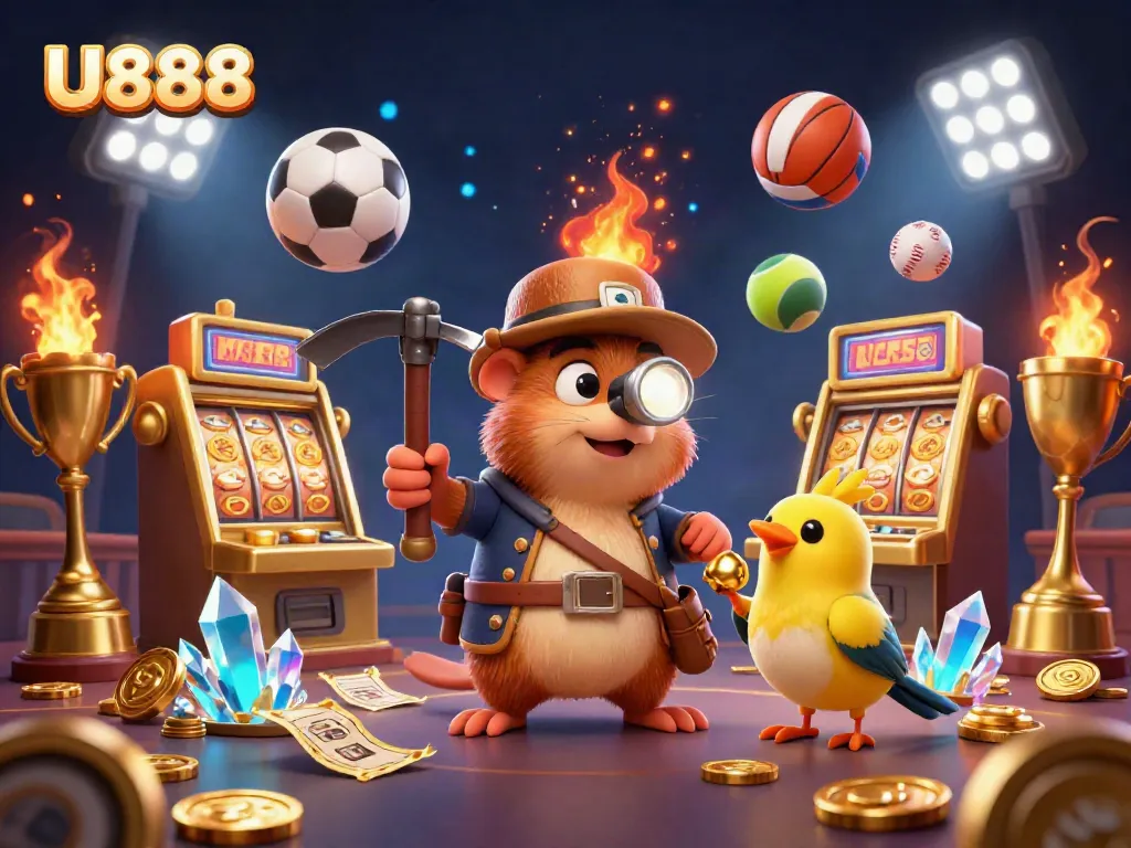 Join the excitement at U888, showcasing a treasure hunter mole among dazzling casino jackpots and vibrant game elements.