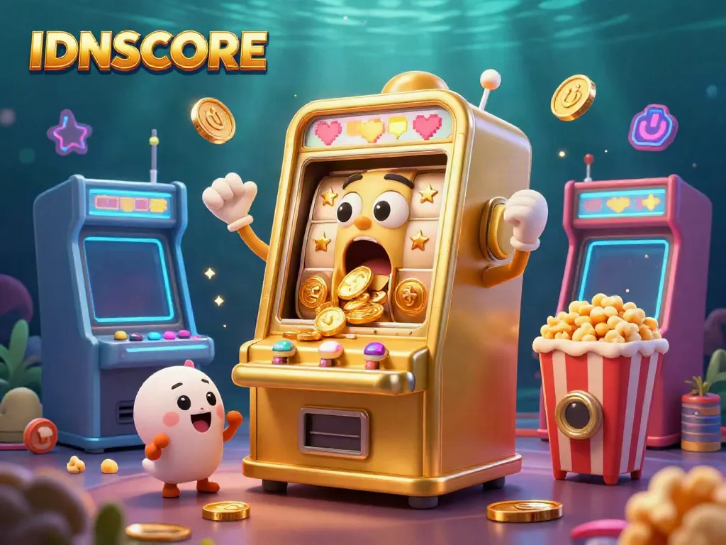IDNSCORE celebrates online gaming with a golden slot machine hitting a jackpot in a vibrant 3D scene.