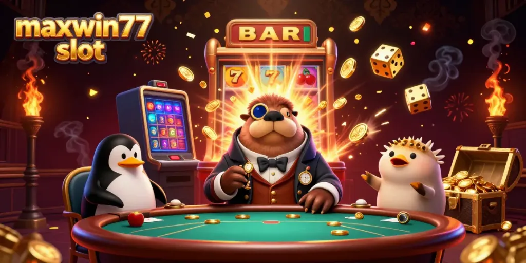 Win big with maxwin77 slot in a vibrant underwater casino scene featuring unique characters.