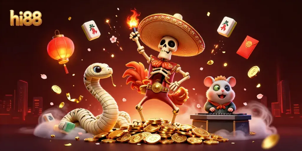 Experience thrilling action and win at hi88 with lively characters celebrating over coins and festive elements.