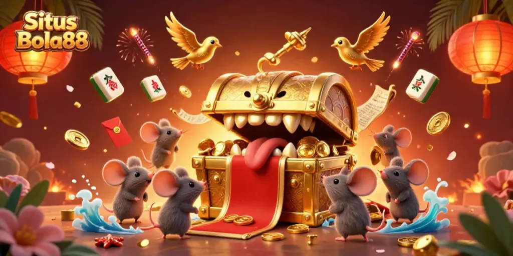 Engage with the vibrant entertainment of Situs Bola88's dynamic casino scene featuring cartoonish treasure chests and lucky charms.