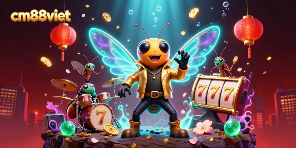 Experience the thrill of cm88viet with a vibrant rock star cicada, slot reels, and festive elements!