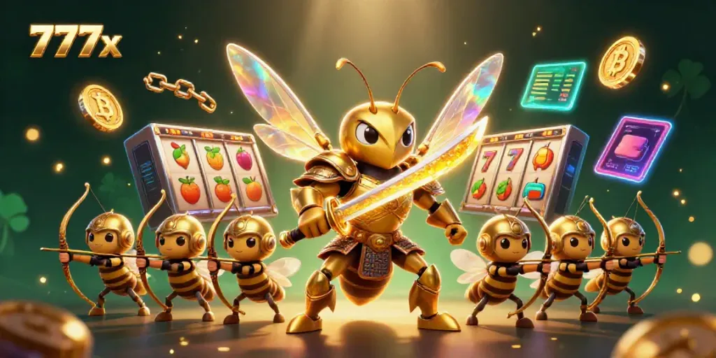 Transform your gambling experience with 777x's vibrant slots scene featuring dynamic 3D elements and characters.