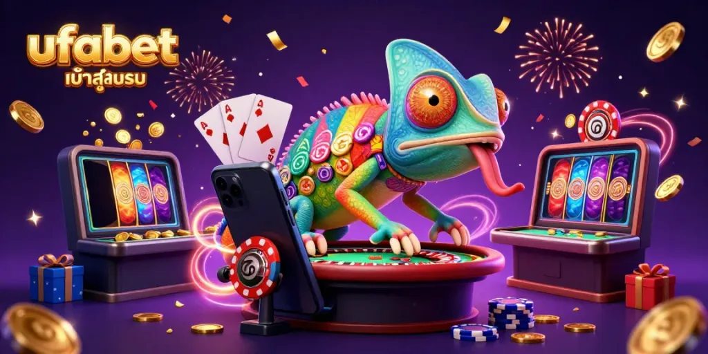 Engage in fun gaming activities at ufabet เข้าสู่ระบบ with lively chameleon casino owner and colorful elements.