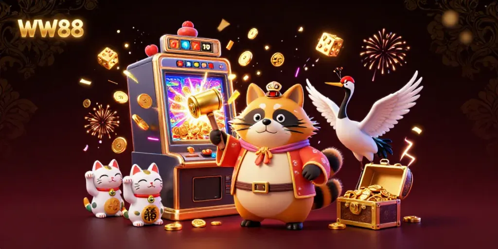 Spin the slot machine with WW88 while enjoying a vibrant casino scene featuring friendly characters and exciting elements.