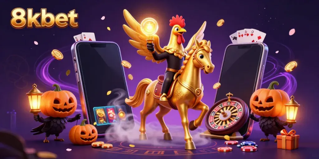 Experience exciting wins at 8xbet with golden rooster, slot games, and vibrant casino visuals.