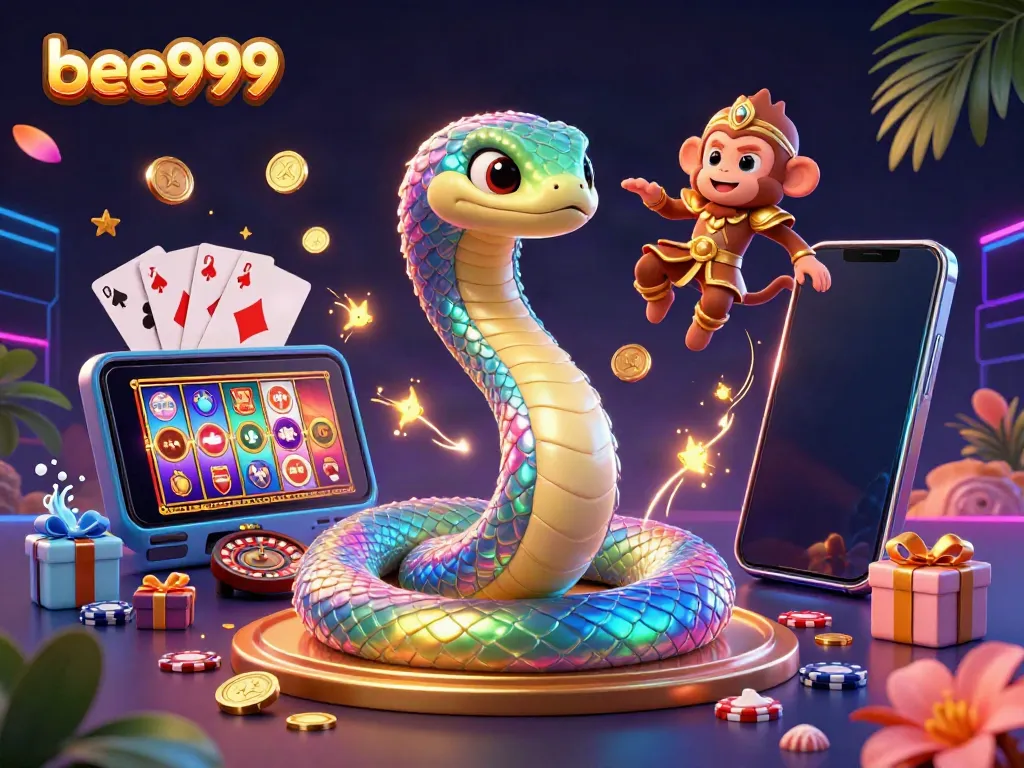 Experience the excitement of bee999 through a vibrant 3D casino illustration showcasing colorful games and magical characters.