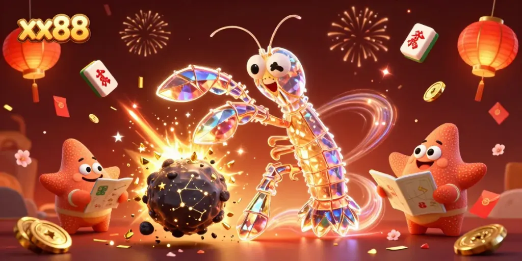 Engage with the dynamic gameplay of xx88 through a vibrant illustration of a galactic samurai mantis shrimp.