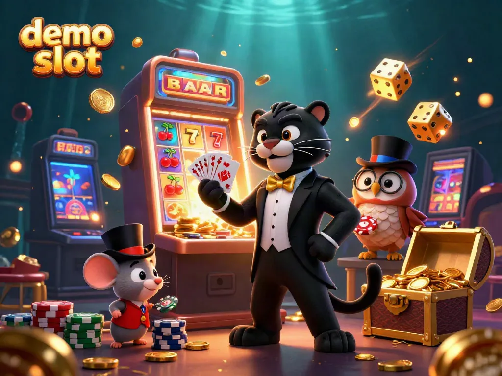 Experience the excitement of a demo slot with a lively black panther dealer, colorful symbols, and vibrant casino elements.