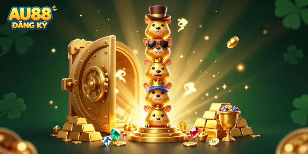 Engage with AU88 ĐĂNG KÝ through a vibrant casino scene featuring a golden totem and treasure elements.