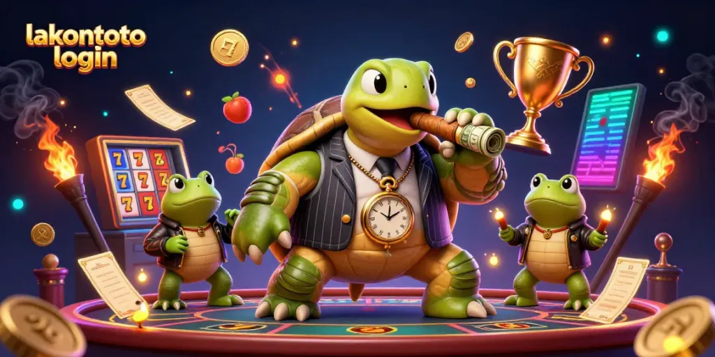 Gambarkan momen login lakontoto dengan turtle bertali jas di kasino penuh permainan dan lampu berkilau.