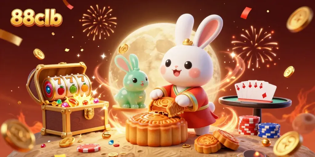 Engage with 88clb through a vibrant casino-themed illustration showcasing lunar folklore and gaming elements.