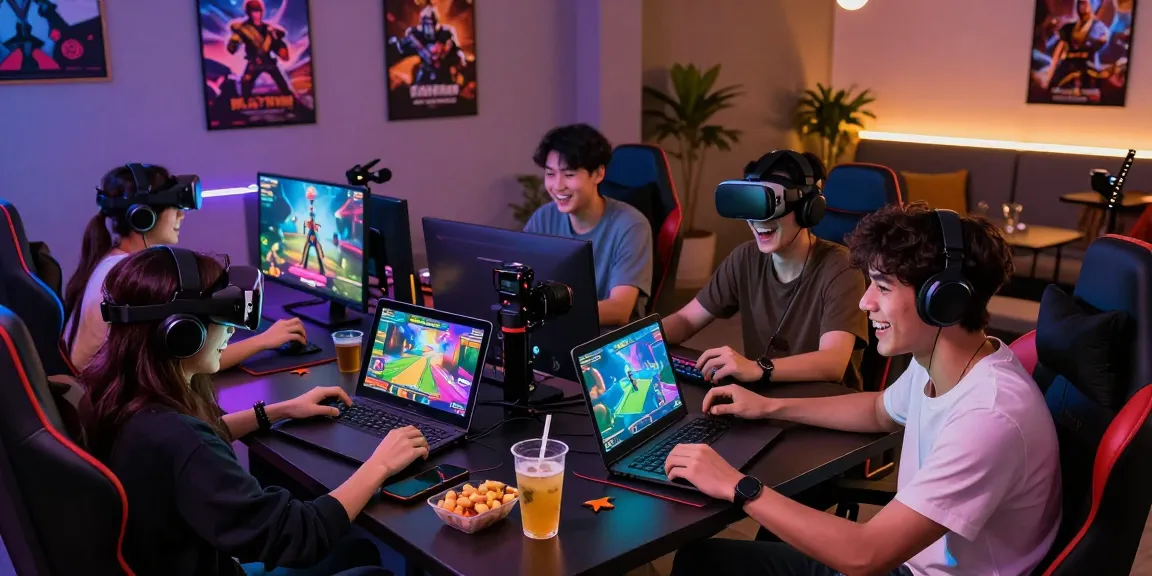Diverse group enjoying porn games online with multiple devices in vibrant gaming lounge.
