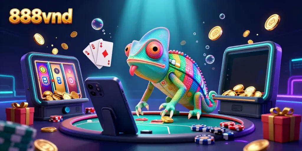 Experience the thrill of 888vnd with this vibrant casino illustration featuring a playful chameleon character.